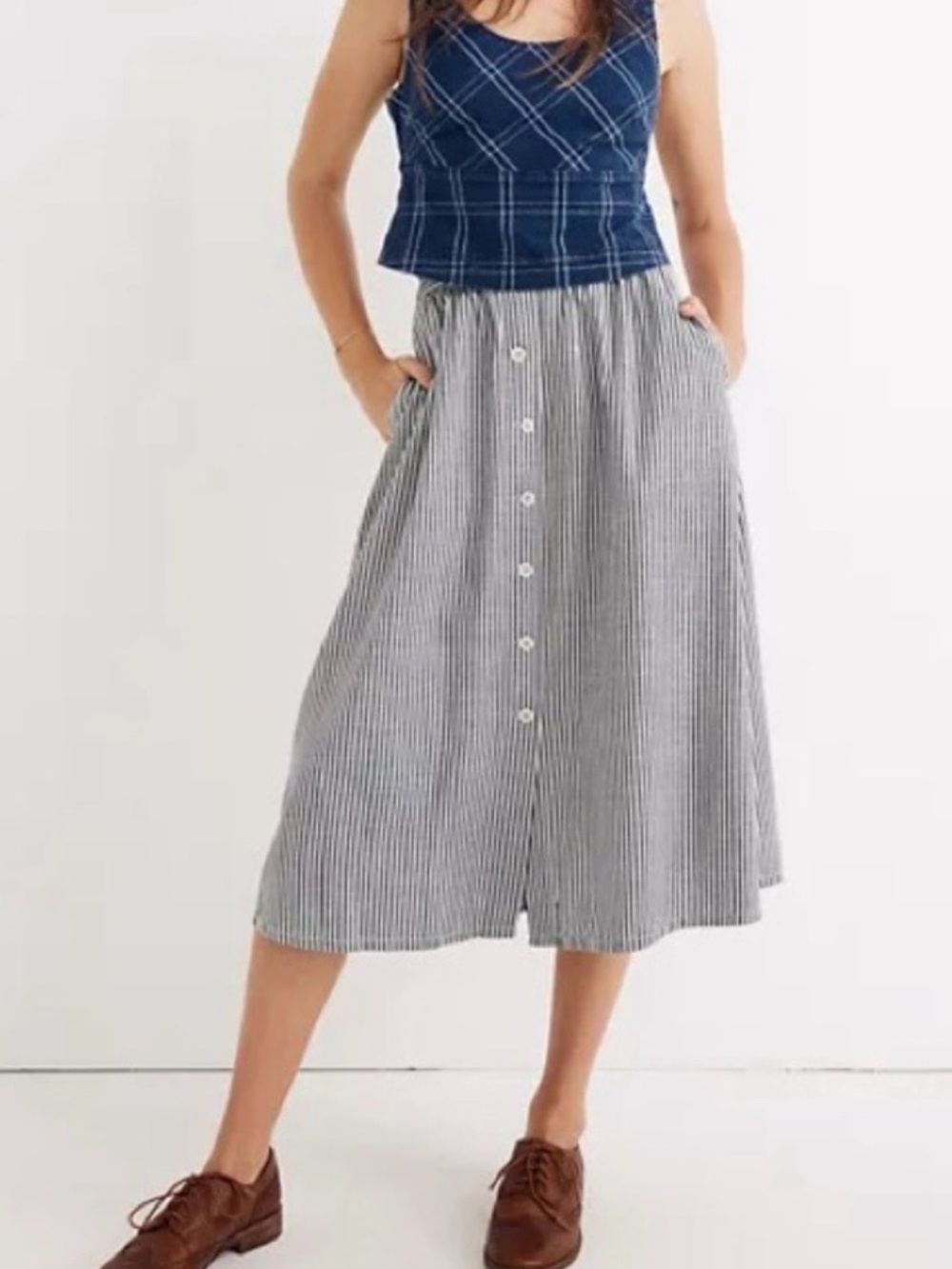 Madewell Palisade Button-Front Midi Skirt in Chambray Stripe Size 4